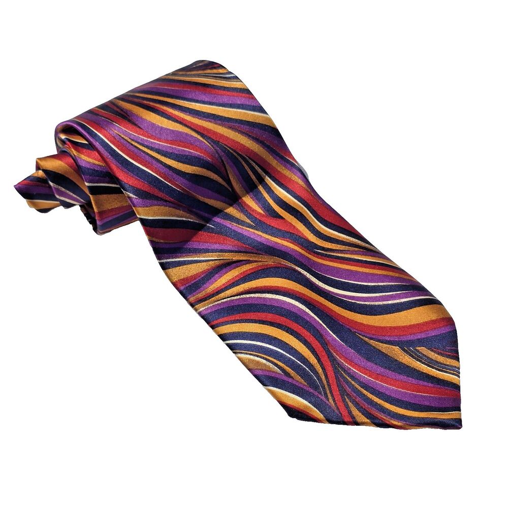 Trina Turk Necktie Mens Silk Purple Orange Gold Wavy Striped Retro Necktie Tie